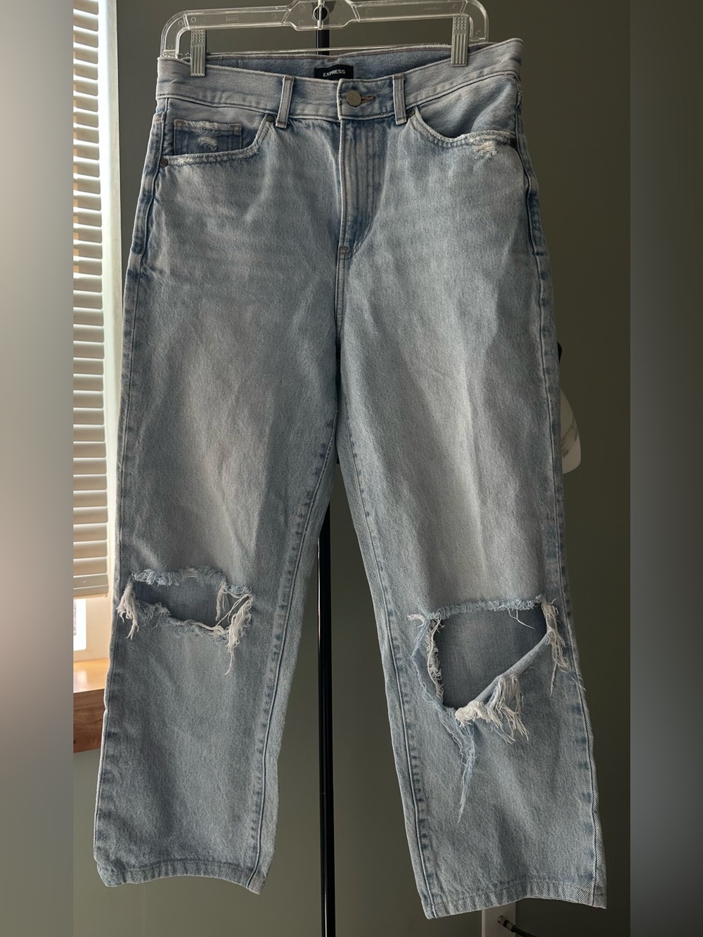 Express Light Blue Distressed Straight-Leg Jeans